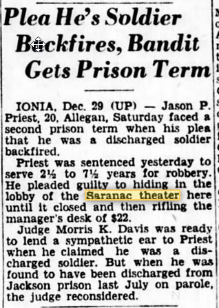 Saranac Theatre - Robbery At Saranac Dec 29 1945